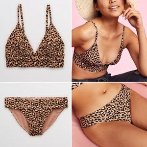 Aerie longline triangle bikini top & matching banded bottom in leopard, small